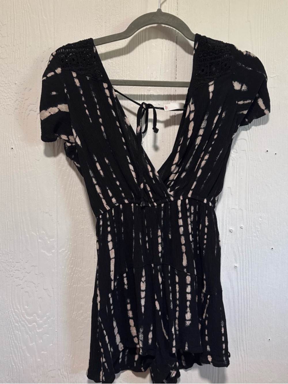 Xhilaration Black and Ivory Tie-Dye V-Neck Romper with Crochet Straps